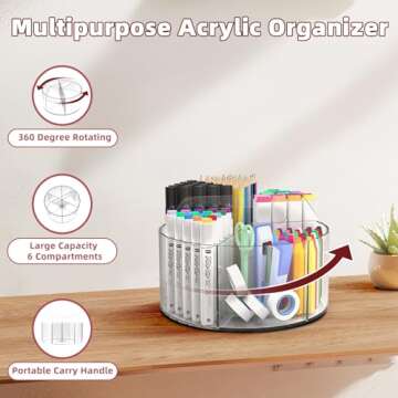 Absonic Acrylic Pen Holder Pencil Organizer, 360-Degree Rotating Pencil Holder, Crayon Organizers fo...