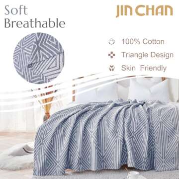 jinchan Boho 100% Cotton Blanket Muslin 50x60 Inches Lightweight 3-Layer Geometric Triangle Striped ...