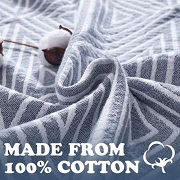 jinchan Boho 100% Cotton Blanket Muslin 50x60 Inches Lightweight 3-Layer Geometric Triangle Striped Pattern Reversible Quilt Throw Soft Breathable Comfy All Seasons for Couch Bed Decor, Blue