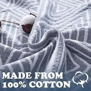 jinchan Boho 100% Cotton Blanket Muslin 50x60 Inches Lightweight 3-Layer Geometric Triangle Striped Pattern Reversible Quilt Throw Soft Breathable Comfy All Seasons for Couch Bed Decor, Blue