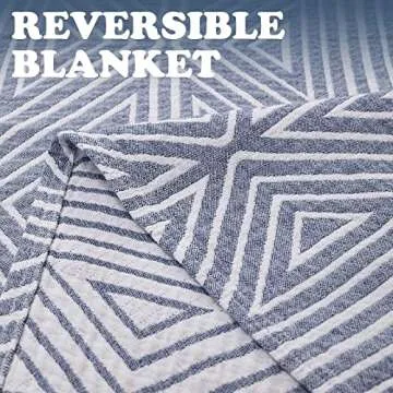 jinchan Boho 100% Cotton Blanket Muslin 50x60 Inches Lightweight 3-Layer Geometric Triangle Striped Pattern Reversible Quilt Throw Soft Breathable Comfy All Seasons for Couch Bed Decor, Blue