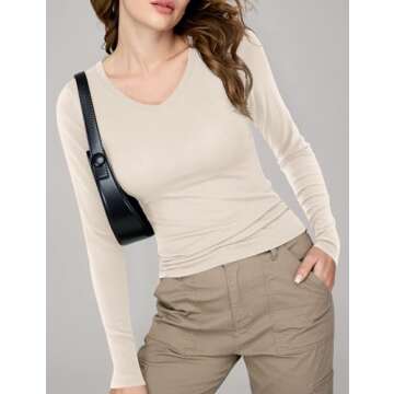 Amoretu Womens Fitted Long Sleeve Shirts V Neck Tshirts Basic Tee Tops