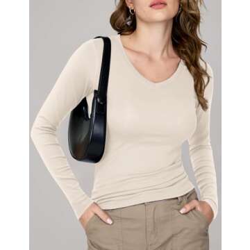 Amoretu Women's Fitted Long Sleeve V Neck T-Shirt