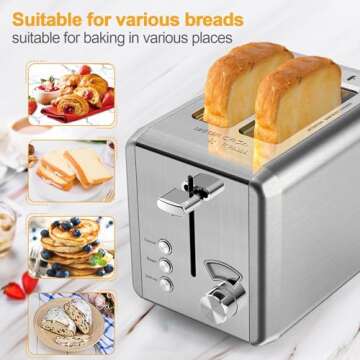 Toaster 2 slice, whall Stainless Steel Toasters with Bagel,Cancel,Defrost Function,Removable Crumb Tray,1.5in Wide Slot,6 Bread Shade Settings,for Various Bread Types (850W)