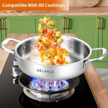 DELARLO Tri-Ply Stainless Steel 10 Inch Frying Pan 3QT Saute Pan With Lid Kitchen Skillets Induction Compatible Chef Cooking Pan Dishwasher & Oven Safe