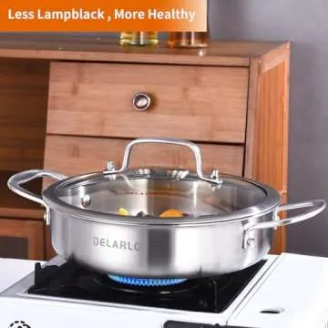 DELARLO Tri-Ply Stainless Steel 10 Inch Frying Pan 3QT Saute Pan With Lid Kitchen Skillets Induction Compatible Chef Cooking Pan Dishwasher & Oven Safe