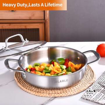 DELARLO Tri-Ply Stainless Steel 10 Inch Frying Pan 3QT Saute Pan With Lid Kitchen Skillets Induction Compatible Chef Cooking Pan Dishwasher & Oven Safe