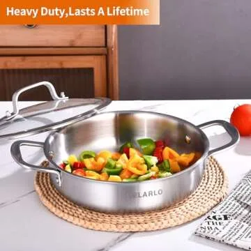 DELARLO Tri-Ply Stainless Steel 10 Inch Frying Pan 3QT Saute Pan With Lid Kitchen Skillets Induction Compatible Chef Cooking Pan Dishwasher & Oven Safe