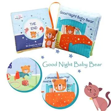 bebe mondo Teddy Bear Soft Baby Book Activity Quiet Cloth Books Developmental Toys Interactive Baby Books for Babies Toddlers Infants, for Baby Boy Girls,Washable Toys Mirror Book Goodnight W Box