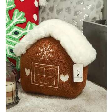 Accents Depot Winter Brown & White Gingerbread House Plush Sherpa Cushion Pillow Merry Christmas Emb...