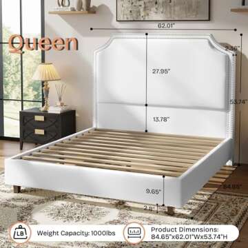 Jocisland Queen Bed Frame Upholstered Platform Bed with 54" Tall Headboard, Nailhead Trim, No Box Sp...