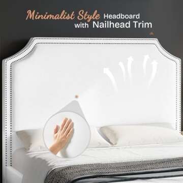 Jocisland Queen Bed Frame Upholstered Platform Bed with 54" Tall Headboard, Nailhead Trim, No Box Spring Needed, Easy Assembly, White