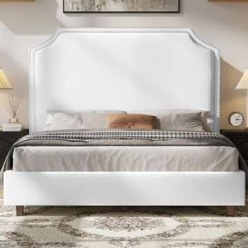 Jocisland Queen Bed Frame Upholstered Platform Bed with 54" Tall Headboard, Nailhead Trim, No Box Spring Needed, Easy Assembly, White