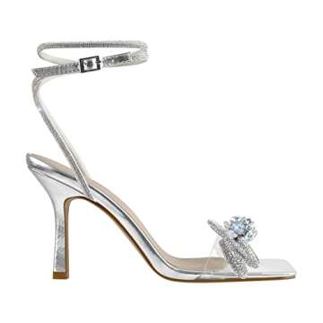 Richealnana Women's High Heel Sparkly Rhinestones Ankle Strap Slim Heel Crisscross Strap Buckle Sandals Bowknot Square Open Toe Bling Shoes For Party Prom Silver US 8