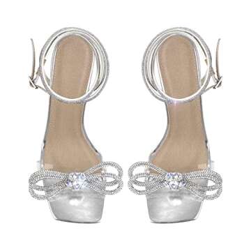 Richealnana Women's High Heel Sparkly Rhinestones Ankle Strap Slim Heel Crisscross Strap Buckle Sandals Bowknot Square Open Toe Bling Shoes For Party Prom Silver US 8