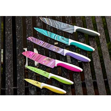 6 Piece Colorful Designer Stainless Steel Chef Kitchen Knife Set- Dishwasher Safe Unique Liquid Marb...