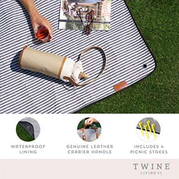 Twine Picnic Blanket - Waterproof Outdoor Blanket with Leather Carrying Straps and Picnic Stakes - N...