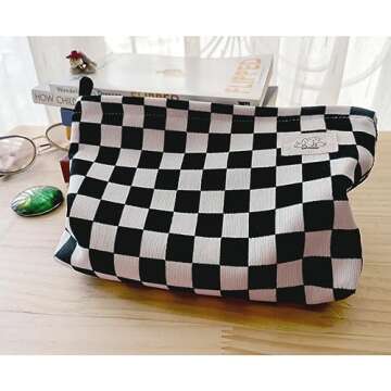 Stylish HAPPYHEIDI Checkered Makeup Bag for Women