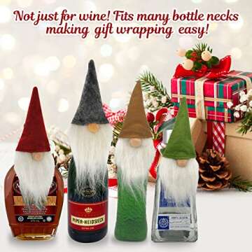 Mistorri Christmas Wine Bottle Decorations - 4 Gnome Wine Bottle Toppers I Cute Wine Topper - Christmas Gnomes Decor, Holiday Hostess Gifts I Christmas Wine Gifts Holiday Gnomes Decor