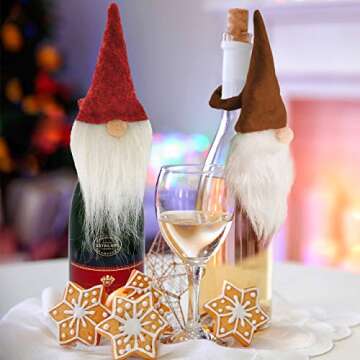 Mistorri Christmas Wine Bottle Decorations - 4 Gnome Wine Bottle Toppers I Cute Wine Topper - Christmas Gnomes Decor, Holiday Hostess Gifts I Christmas Wine Gifts Holiday Gnomes Decor