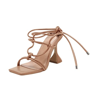 Coutgo Strappy Heels for Women, Lace Up Square Open Toe Dress Sandals, Stiletto Heeled for Summer Pa...