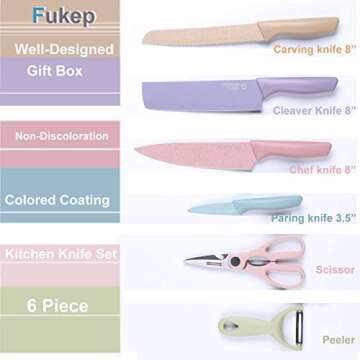 Fukep Professional Colorful Kitchen Knives Set of 6 Pieces, Non-Stick Blades with High Carbon Stainl...