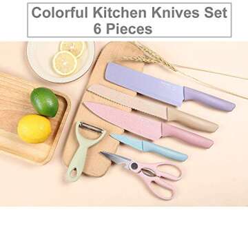 Fukep Professional Colorful Kitchen Knives Set of 6 Pieces, Non-Stick Blades with High Carbon Stainless Steel, Sharp Kitchen Cutting Knives Set for Slicing, Paring and Cooking, Chef Kitchen Knives Set