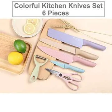 Fukep Professional Colorful Kitchen Knives Set of 6 Pieces, Non-Stick Blades with High Carbon Stainless Steel, Sharp Kitchen Cutting Knives Set for Slicing, Paring and Cooking, Chef Kitchen Knives Set