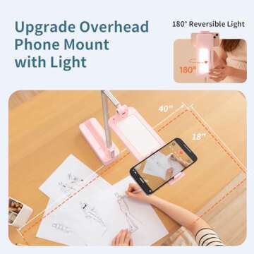 yAyusi Upgrade Phone Stand for Recording,360° Rotation Overhead Phone Mount with Light (Pink)