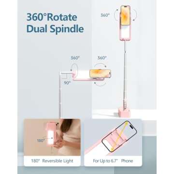 yAyusi Upgrade Phone Stand for Recording,360° Rotation Overhead Phone Mount with Light (Pink)