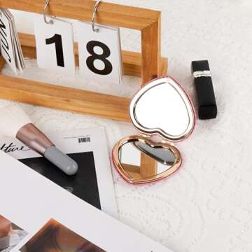 BUNCHBRAVO Compact Mirror Heart Shape for Women, Glittery Pink Double-Sided Purse Pocket Mirror with...