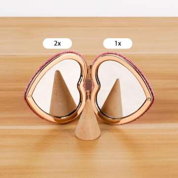 BUNCHBRAVO Compact Mirror Heart Shape for Women, Glittery Pink Double-Sided Purse Pocket Mirror with Gold Trim, Portable Makeup Touch-Up Accessory