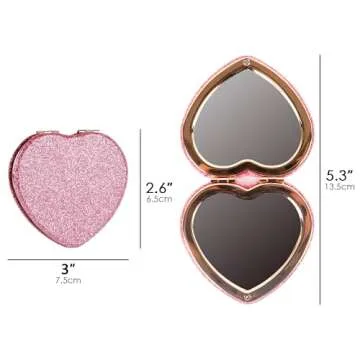BUNCHBRAVO Compact Mirror Heart Shape for Women, Glittery Pink Double-Sided Purse Pocket Mirror with Gold Trim, Portable Makeup Touch-Up Accessory