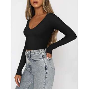 REORIA Womens Fall Sexy Casual V Neck Long Sleeve Double Lined Fitted Going Out Basic Cute Y2k Trend...