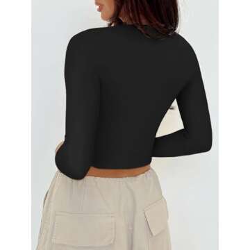 REORIA Womens Fall Sexy Casual V Neck Long Sleeve Double Lined Fitted Going Out Basic Cute Y2k Trendy T Shirts Crop Tops Tees Black Small