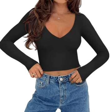 REORIA Womens Fall Sexy Casual V Neck Long Sleeve Double Lined Fitted Going Out Basic Cute Y2k Trendy T Shirts Crop Tops Tees Black Small