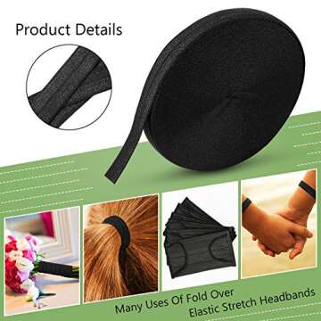 Wide Elastic Ribbon Band Fold Over Elastic Stretch Foldover Elastics Trim Sewing Ribbon for Hair Ties Headbands Hair Bows DIY Craft (Black, 5/8 Inch x 25 Yard)