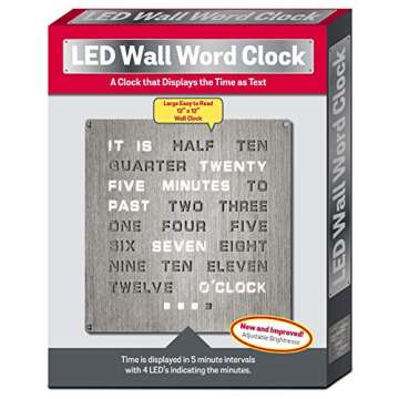Light Up Aluminum Word Clock - Large 12" x 12" - Displays Time as Text - Powered by AC Adapter - Brightness Adjustable