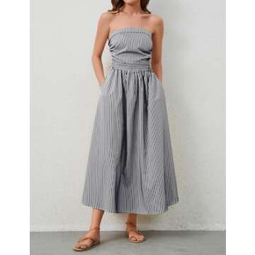 Dsewpaur Striped Strapless Maxi Dress for Women Sleeveless Flowy Long Dress Summer Casual Tube Dress with Pockets Black