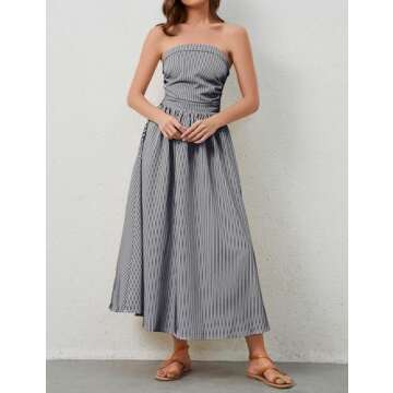 Dsewpaur Striped Strapless Maxi Dress for Women Sleeveless Flowy Long Dress Summer Casual Tube Dress with Pockets Black