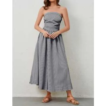 Dsewpaur Striped Strapless Maxi Dress for Women Sleeveless Flowy Long Dress Summer Casual Tube Dress with Pockets Black