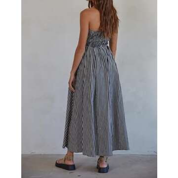 Dsewpaur Striped Strapless Maxi Dress for Women Sleeveless Flowy Long Dress Summer Casual Tube Dress with Pockets Black