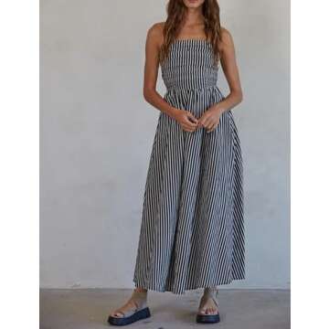 Dsewpaur Striped Strapless Maxi Dress for Women Sleeveless Flowy Long Dress Summer Casual Tube Dress with Pockets Black