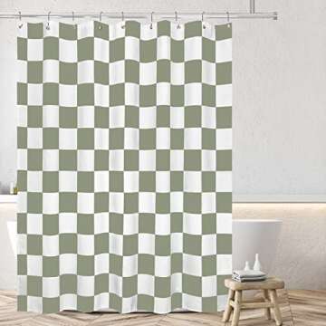 Tititex Aesthetic Checkerboard Grid Pattern Shower Curtain, White Sage Green Modern Shower Curtain Sets Decoration 71x71 Inch with Hooks