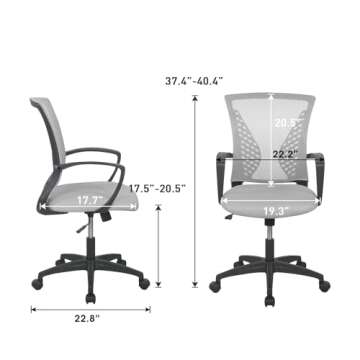 Home Office Chair Mid Back PC Swivel Lumbar Support Adjustable Desk Task Computer Ergonomic Comfortable Mesh Chair with Armrest (Grey)