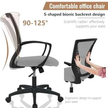 Home Office Chair Mid Back PC Swivel Lumbar Support Adjustable Desk Task Computer Ergonomic Comfortable Mesh Chair with Armrest (Grey)