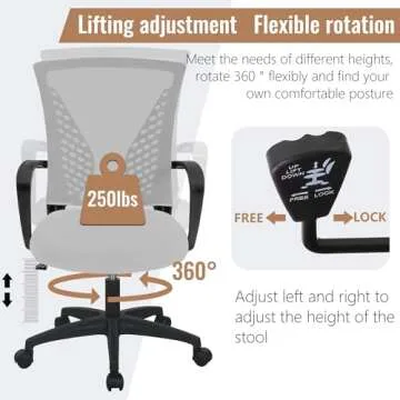 Home Office Chair Mid Back PC Swivel Lumbar Support Adjustable Desk Task Computer Ergonomic Comfortable Mesh Chair with Armrest (Grey)