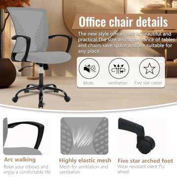 Home Office Chair Mid Back PC Swivel Lumbar Support Adjustable Desk Task Computer Ergonomic Comfortable Mesh Chair with Armrest (Grey)