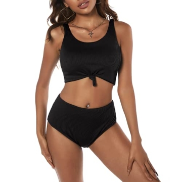 ZAFUL Women's Knot Textured Ribbed Scoop Neck Bikini Set High Waisted Two Piece Swimsuits Tankini R-Black