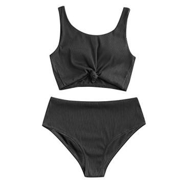 ZAFUL Women's Knot Textured Ribbed Scoop Neck Bikini Set High Waisted Two Piece Swimsuits Tankini R-Black